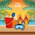 Hello summer seasonal scene with snorkel and flip flops