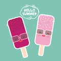 Hello Summer set ice cream, ice lolly Kawaii with sunglasses pink cheeks and winking eyes, pastel colors on light blue background.