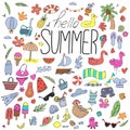 Hello summer, set of summer items - tree, swimsuit, inflatable circle, vector set of colored doodle elements