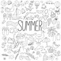 Hello summer, set of summer items - tree, swimsuit, inflatable circle, vector set of doodle elements, coloring