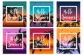 Hello summer set the template for the poster in a white frame on a background of sunset and palm trees. Beach concept Royalty Free Stock Photo
