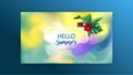 Hello summer sign text with tropical leaves over square frame art abstract watercolor background brush paint texture design. Royalty Free Stock Photo