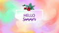 Hello summer sign text with tropical leaves over square frame art abstract watercolor background brush paint texture design. Royalty Free Stock Photo