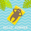 Hello Summer. Sloth floating on yellow air pool water mattress. Top aerial view. Slow down. Palm tree leaf. Cute cartoon relaxing