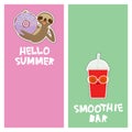 Hello Summer, smoothie bar cherry Take-out smoothie, cute kawaii sloth with a donut, lilac cream and icing. banner template, card