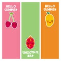 Hello Summer, smoothie bar cute kawaii, fresh cherry, mango, dragon fruit. banner template, card design, fashion patches badges