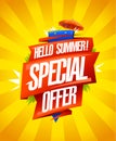 Hello summer special offer - vector sale banner template with ribbon