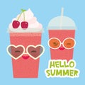 Hello Summer Strawberry cherry cranberry Take-out smoothie transparent plastic cup with straw and whipped cream. Kawaii cute face