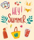 Hello summer. Summer card with inscription. Items for beach holidays, underwater mask, cocktails and berries. Summer time poster.