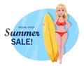 Summer sale concept. Cute surf girl