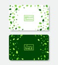Hello summer and Summer sale fresh card layout templates. Shopping gift voucher vector illustration with scattered green 3d leaves