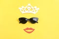 Hello summer The sun with stylish black sunglasses, smiling mouth on yellow background Royalty Free Stock Photo