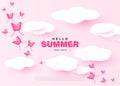 Hello Summer sweet banner with paper clouds and butterflies. Vector illustration.