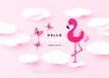 Hello Summer sweet banner with paper clouds,pink flamingo and butterflies. Vector illustration.