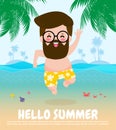 Hello summer template banner, hipster man jumping on have a fun summer time, Relaxing person at seashore, Lounge time