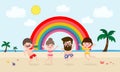 Hello summer template banner, Young man and woman jumping on have a fun summer time, Relaxing person at seashore, Lounge time