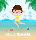 Hello summer template banner, Young women jumping on have a fun summer time, Relaxing person at seashore, Lounge time at the sea Royalty Free Stock Photo