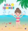 Hello summer template banner, Young women jumping on have a fun summer time, Relaxing person at seashore, Lounge time at the sea Royalty Free Stock Photo