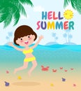 Hello summer template banner, Young women jumping on have a fun summer time, Relaxing person at seashore, Lounge time at the sea Royalty Free Stock Photo