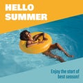Hello summer text and african american woman with afro hair relaxing on inflatable swim ring in pool Royalty Free Stock Photo