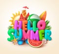 Hello summer text banner design with colorful summer elements Royalty Free Stock Photo