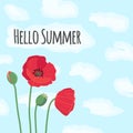 Hello summer text with cute colorful red field poppy flowers on Royalty Free Stock Photo