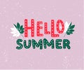 Hello summer text. Hand lettering inscription, green palm leaves on pastel violet background. Summer greeting card or Royalty Free Stock Photo