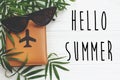 Hello Summer text on passport with plane and retro black sunglasses with green palm leaves on white wooden background. stylish Royalty Free Stock Photo