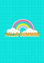 Hello summer text with pastel rainbow and cloud icon on green color background Royalty Free Stock Photo