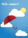 Hello summer! text with red umbrella on blue sky with sun and cloud background