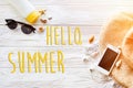 Hello summer text ,travel vacation concept, flat lay, space for Royalty Free Stock Photo