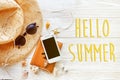 Hello summer text, travel vacation concept flat lay, space for t Royalty Free Stock Photo