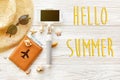 Hello summer text, travel vacation concept flat lay, space for t Royalty Free Stock Photo