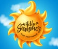Hello summer text vector banner design. Hello summer enjoy every moment title in sun element for tropical season with clouds. Royalty Free Stock Photo