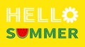 Hello summer text. Watermelon camomile daisy chamomile icon letter. Slice cut half seeds. Green Red fruit berry flesh peel.