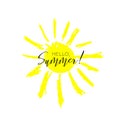 Hello, summer text on yellow hand drawn sun. Vector illustration. Royalty Free Stock Photo