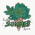 Hello summer time cactus flower on ice cream cone drawing watercolour painting illustration