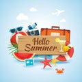 Hello summer time travel season banner design and colorful beach Royalty Free Stock Photo