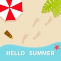 Hello summer. Top aerial view. Beach, sea ocean, sand, red umbrella, palm tree leaf, star fish, spf cream lotion, bare foot print. Royalty Free Stock Photo