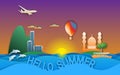 Hello summer travel illustration in paper cut style. Sunset, resort town, boat, mosque, balloon, islands, dolphins and aircraft