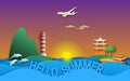 Hello summer travel illustration in paper cut style. Sunset, yacht, pagoda, lighthouse, islands, dolphins and aircraft