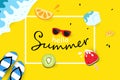 Hello summer, travel seasonal holiday vacation, greeting card, poster, sales tag advertisement, colorful background vector Royalty Free Stock Photo