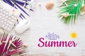 Hello summer travel vacation concept flat lay poster background concept. Hello Summer text on white wood background, wireless