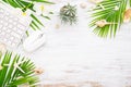 Hello summer travel vacation concept flat lay poster background concept. Hello Summer text on white wood background, wireless Royalty Free Stock Photo
