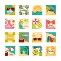 Hello summer travel and vacation season banner icons set