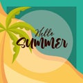 Hello summer travel and vacation season, palm tree sand beach, badge lettering text Royalty Free Stock Photo