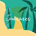 Hello summer travel and vacation season, surfboards beach palm tree sand, lettering text Royalty Free Stock Photo