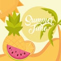 Hello summer travel and vacation season, watermelon pineapple lemon sand sun palm tree, lettering text Royalty Free Stock Photo