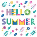 Hello Summer. Trendy geometric font. Text, foliage and flowers isolated on a white background. Royalty Free Stock Photo