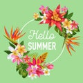 Hello Summer Tropic Design. Tropical Flowers Background for Poster, Sale Banner, Placard, Flyer. Floral Vintage